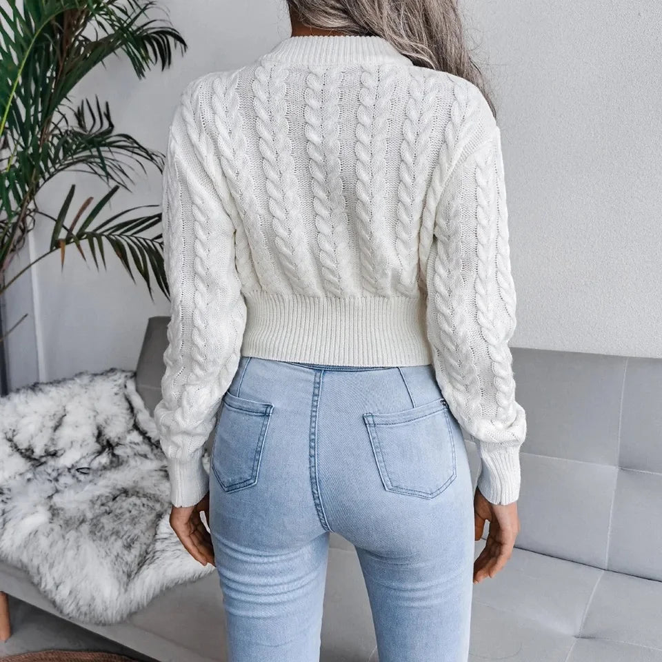 maoxiangshop Crop Cable Knit White Sweater Long Sleeve Crew Neck Pullover Women Jumper Soft Girls Autumn Winter Thick & Warm Knitwear