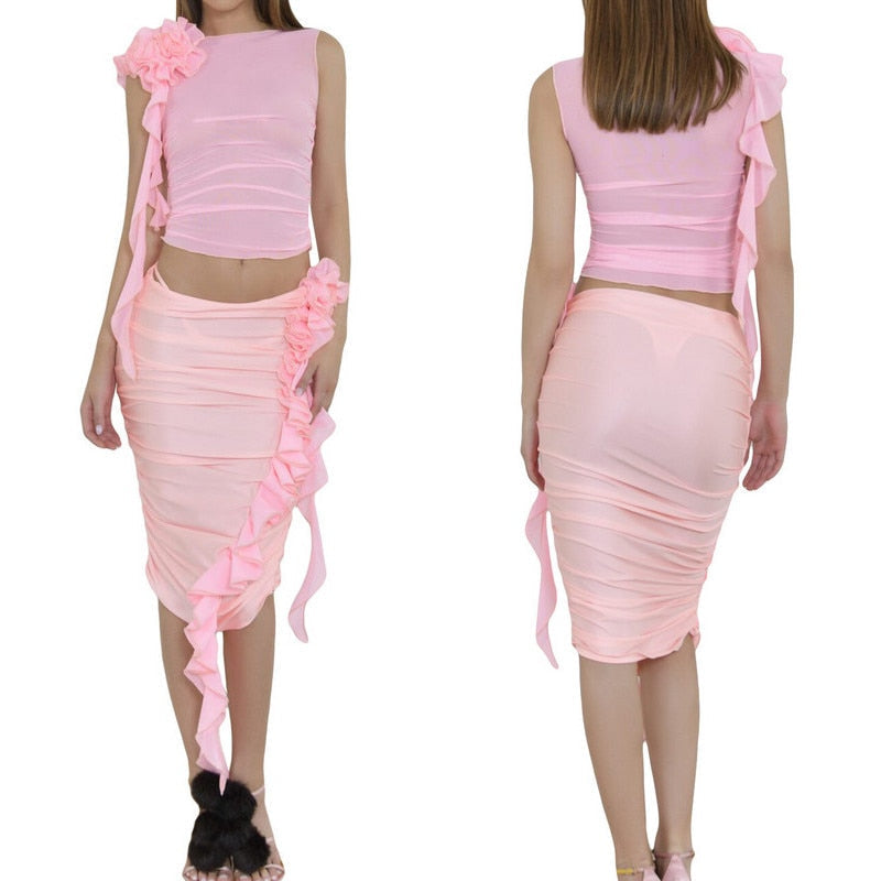 maoxiangshopTwo Piece Skirt Set Women's Suit y2k Clothes Summer Sexy Outfit Cropped Top and Split Skirt Chic Elegant Female Clothing