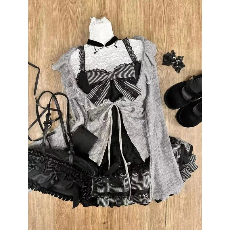 maoxiangshop - Sweet Lolita Lace Up Ruffles Cardigan+ Sexy Slim Fit Strapless Vest Tops+ High Waist Ruched Skirts Early Autumn Three Piece Sets