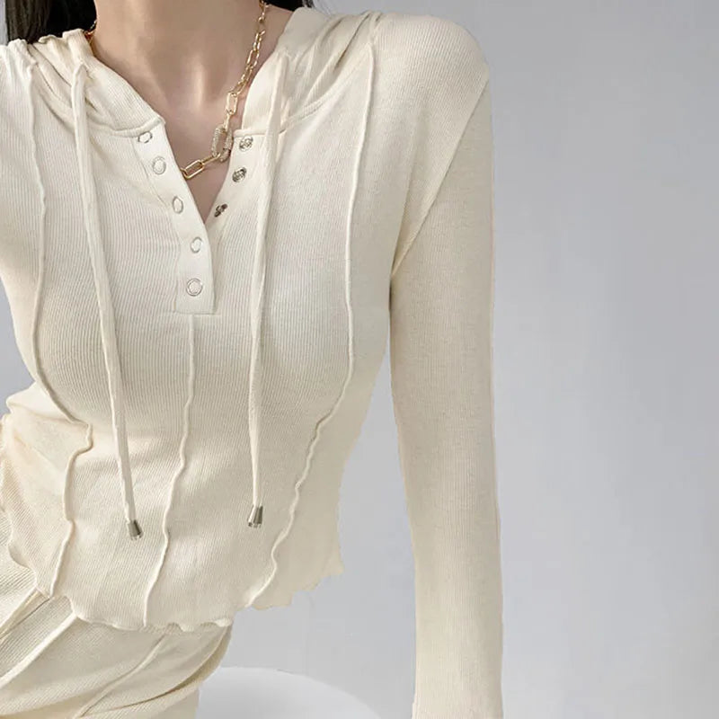 maoxiangshop Hooded Button Up Crop Top Women Autumn Winter Slim Fit Long Sleeve Y2K Top Woman Streetwear Wild Elastic T-Shirt Female