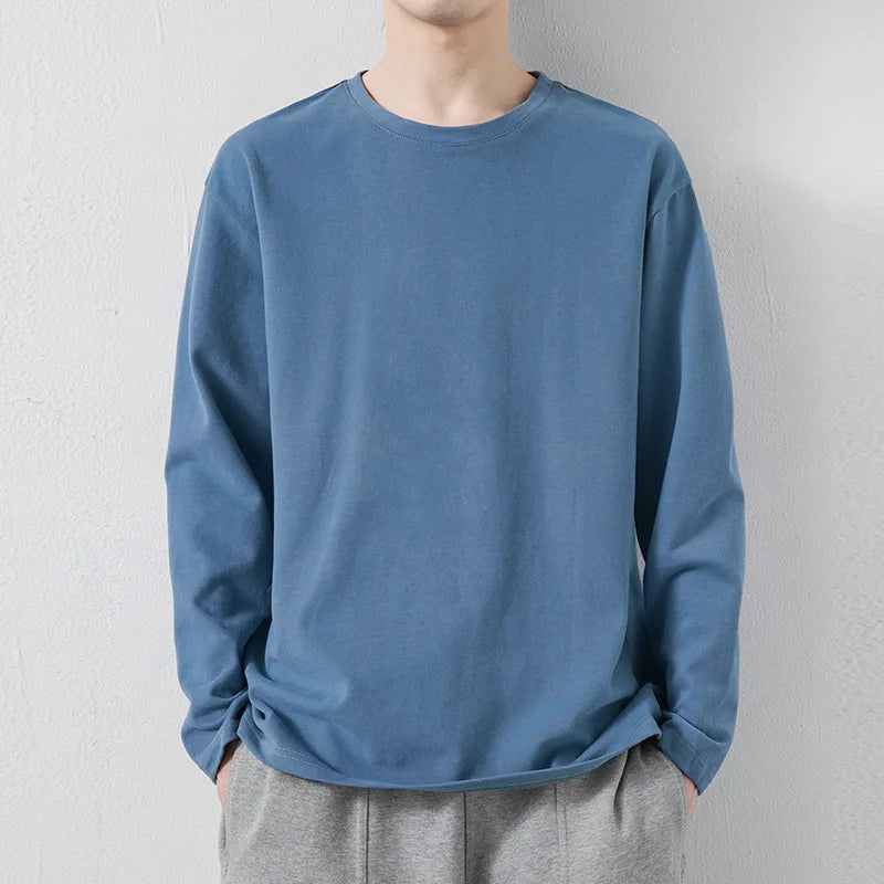 maoxiangshop New Klein Blue Long Sleeve T-shirt Men's Spring and Autumn New Solid Color Laydown Casual Top Coat Round Neck Underlay Shirt 5xl