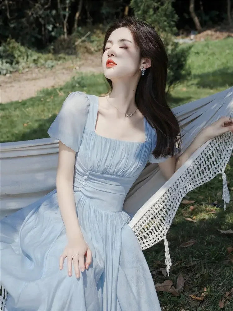 maoxiangshop Blue Fairycore Dress Women Sweet Thin Defined Midi Romantic Summer Chic French Style Square Collar Gentle New Arrival OOTD