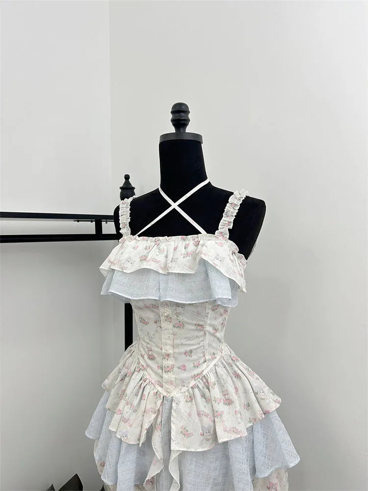 maoxiangshop Summer Women Korean Vintage Ballet Core 2000s Party Rave Y2k Outfits 2 Piece Set Mori Girl Floral Fairy Dress + Cute Mini Shorts