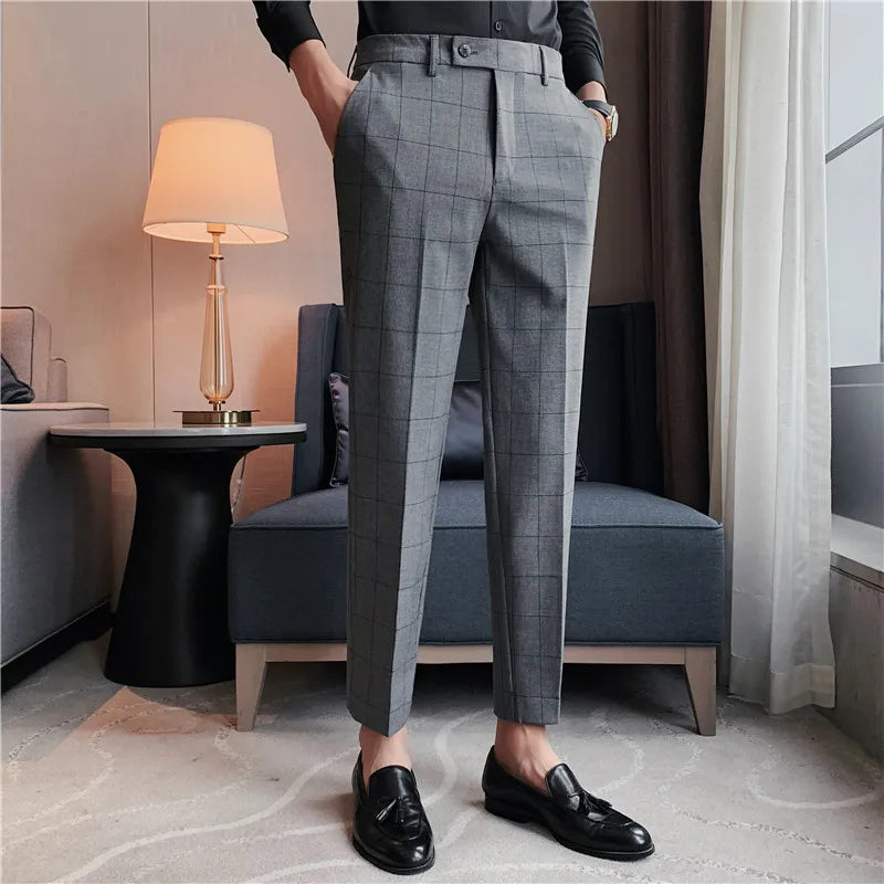 maoxiangshop High Quality Men's Formal Pants Office Social Business Fashion Plaid Suit Pants Casual Slim Wedding Street Wear Trousers