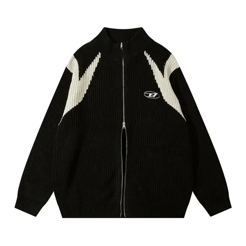 Oversized Zip Up Knitted Cardigan Women Streetwear Embroidery Sweater Mujer Casual American Retro HipHop Patchwork Tops
