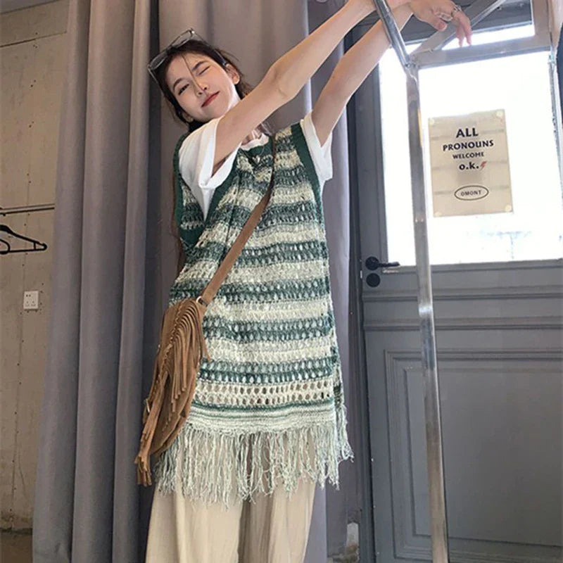 Sleeveless Knitted Vest Women Striped Hollow Out Tassel Sweaters Vintage Harajuku Casual Outwear Korean Loose Jumpers Coat