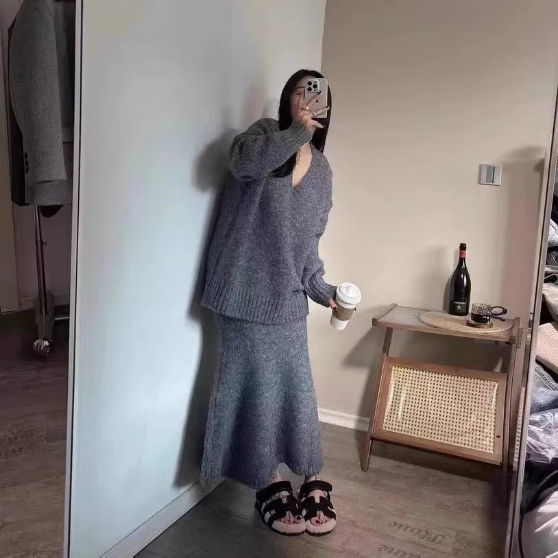 maoxiangshop - Autumn Winter Knitting Women Suit Winter Sweater Long Skirts Sets V-neck Pullover Top + High Waist Fishtail Skirt Two Piece Set