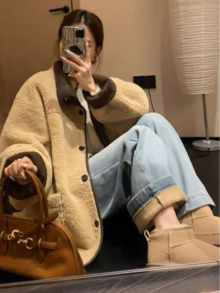maoxiangshop - Autumn Winter Lamb Wool Jacket Women's Loose Coats Harajuku Warm Outerwear Long sleeve Cotton Padded Jacket