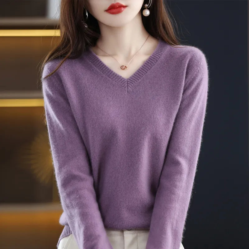 maoxiangshop Cashmere Sweater Women's Knitting Sweater 100% Pure Merino Wool Winter Fashion Basic V-neck Chic Top Autumn Warm Pullover