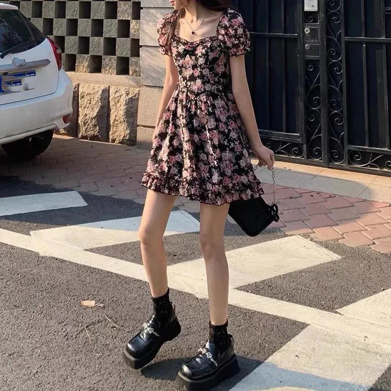 Summer New Print Floral Short Dress Women Square Collar Puff Bubble Sleeve Dresses Pleated A-line Dress