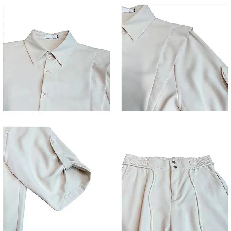 maoxiangshop Summer Ice Silk Men's Suits Casual Short Sleeve Shirt And Pants Two-piece Set Ruffled Handsome Draped Korean Style Loose Set