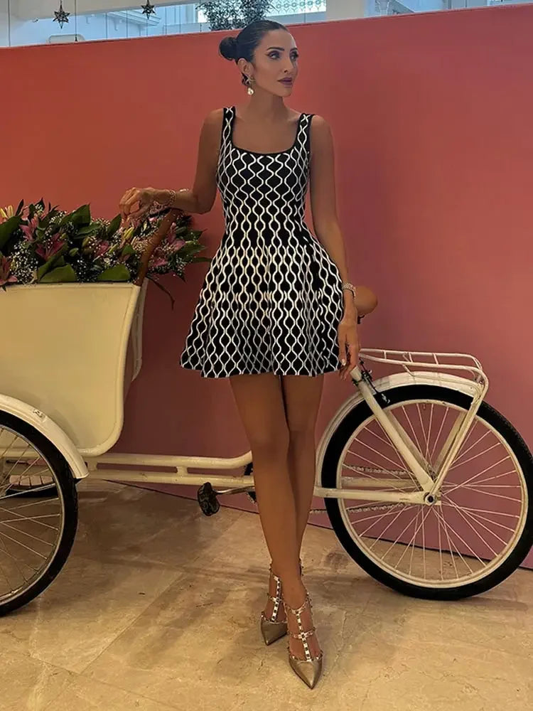 Women Fashion Plaid Side Pocket Knitted Mini Dress Elegant Backless Sleeveless Pleated A-line Dresses New Party Sexy Robes