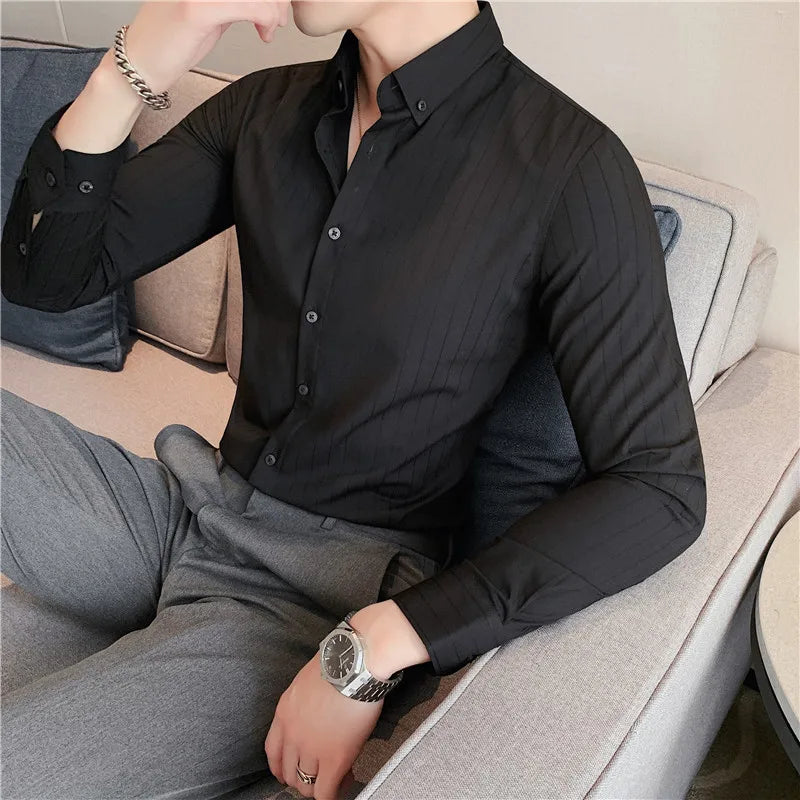 maoxiangshop British Style Men Long Sleeved Shirt Autumn Anti-wrinkle Soft Solid Casual Elastic Slim Fit Camisas Y Blusas Men Clothing
