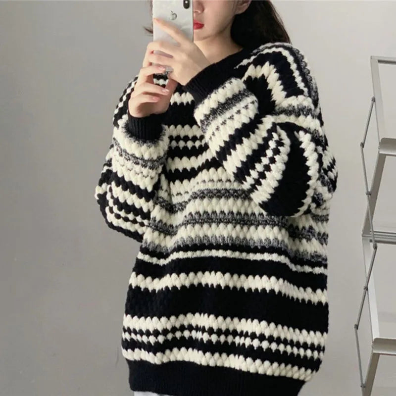 maoxiangshop Autumn Oversized Striped Knitted Sweater Women Vintage Streetwear Loose Long Sleeve Pullover Harajuku Casual O Neck Midi Jumper