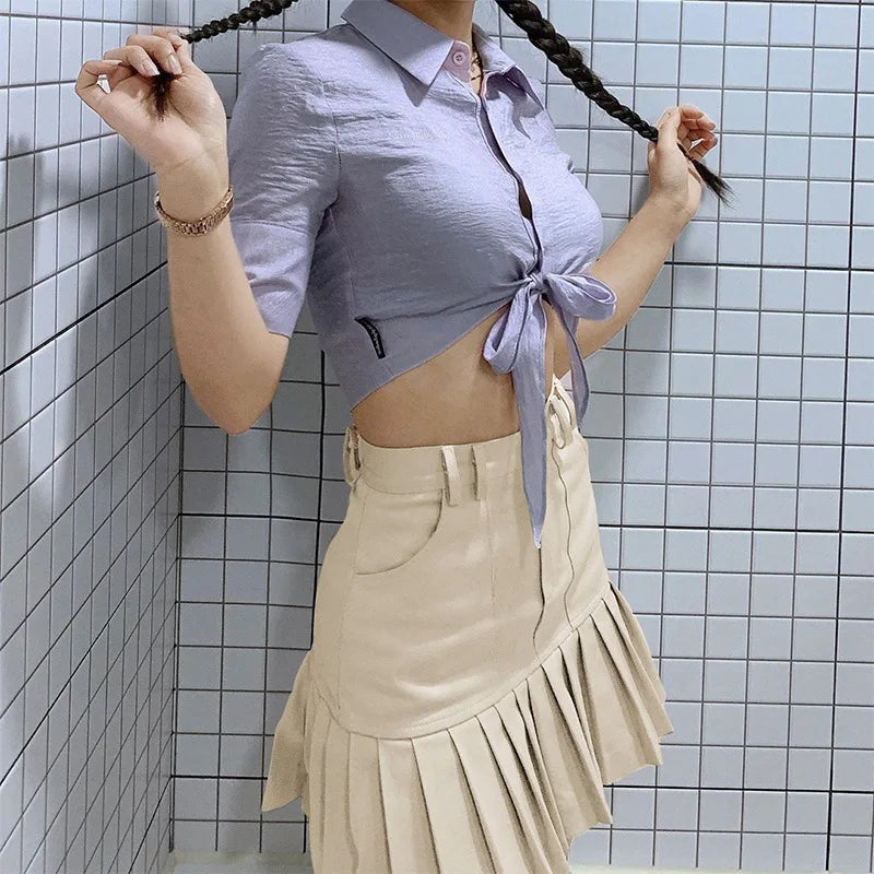 maoxiangshop - Harajuku Women High Waist Solid Color Tennis Skirt Summer Sweet Cute Kawaii Khaki Skirts Casual Pleated Mini Female Skirt