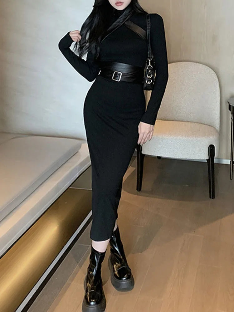maoxiangshop Black Maxi Dress Women Sexy Punk Style Split Bandage Bodycon Dress Female Autumn Long Sleeve Turtleneck Party Club Long Dresses