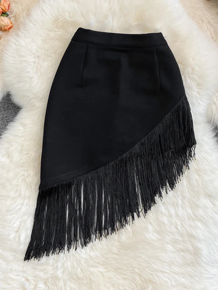 maoxiangshop Womern High Waist Fringed Short Skirt Women's Summer New Style Black Irregular Elastic Hip Skirt Anti-glare Skirt