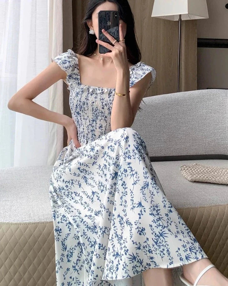 maoxiangshop Vintage Sexy Slash Neck Flying Sleeve Printing Floral Bodycon Dresses for Women Beach Sleeveless Dress Korea Fashion Summer