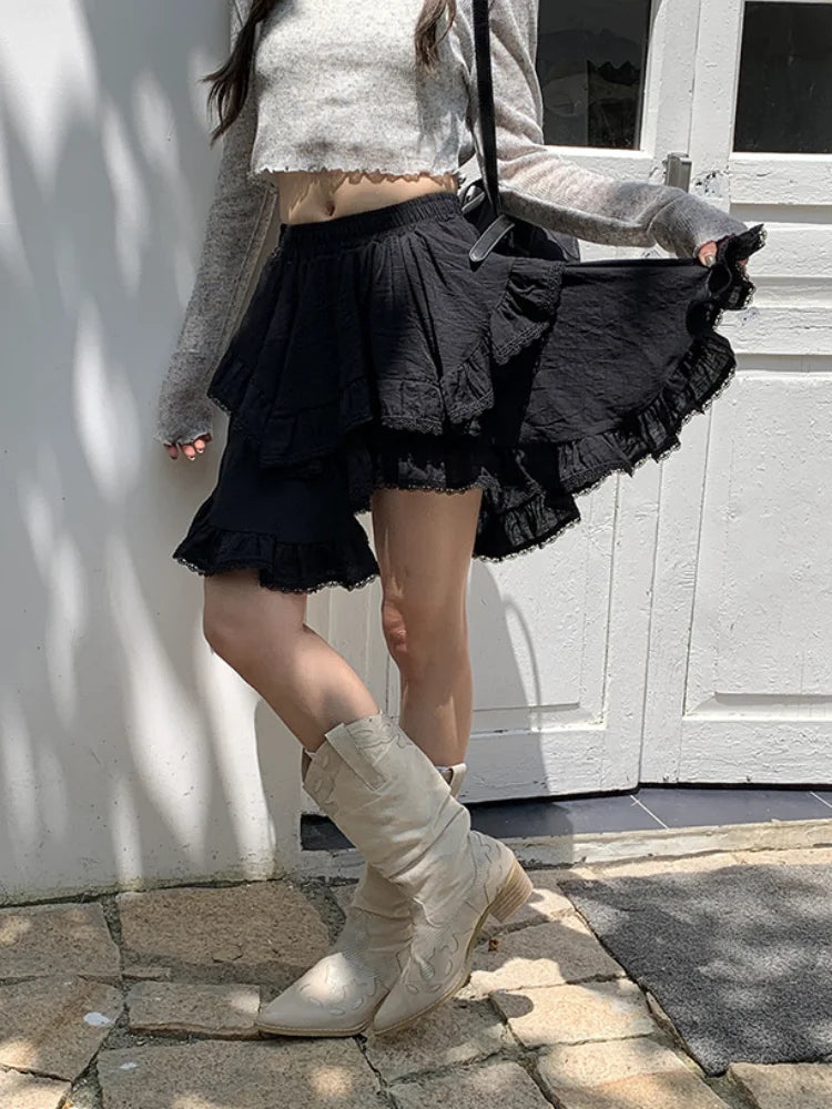 maoxiangshop Fairy Core Mini Skirt Women Elastic High Waist A-line Irregular Lace Trim Ruffles Cake Skirt Summer Mori Girl Style