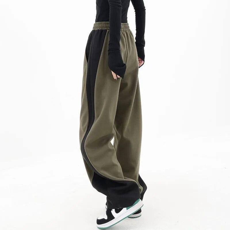 maoxiangshopHip Hop Women Contrast Color Wide Leg Pants Spring Summer Streetwear Fashion Elastic Waist Loose Sports Casual Straight Trousers