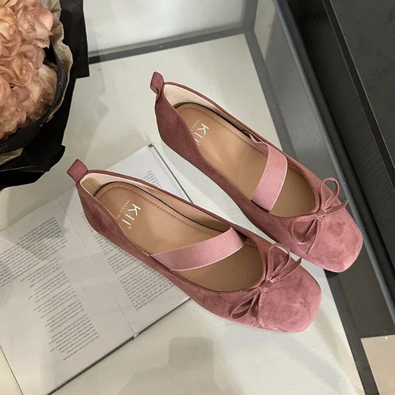 maoxiangshop - NEW Spring/Autumn Flats Mary Jane Shoes Square Toe Women's Shoes Bow Velvet Ballet Flats Women Shoes