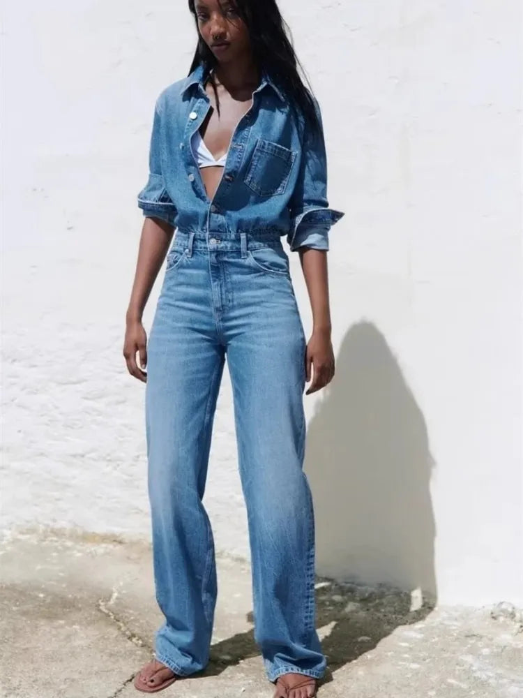 maoxiangshop - European And American Style Blue Denim High Waisted Jumpsuit Women'S Spring And Autumn Collar Casual Fashion Pants Straight Leg