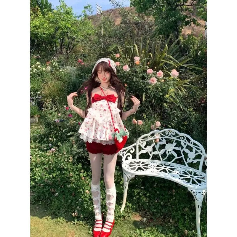 maoxiangshop - Cute Girl Sweet Bow Lace Splice Camisole Top Red Slimming Pumpkin Shorts Set Summer New Beach Style Two Piece Sets Women Outfits