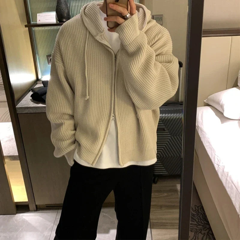 maoxiangshop Winter Sweater Cardigan Men Warm Oversized Knitted Hooded Sweater Coat Men Korean Loose Cardigan Sweater Mens Jumper Clothes