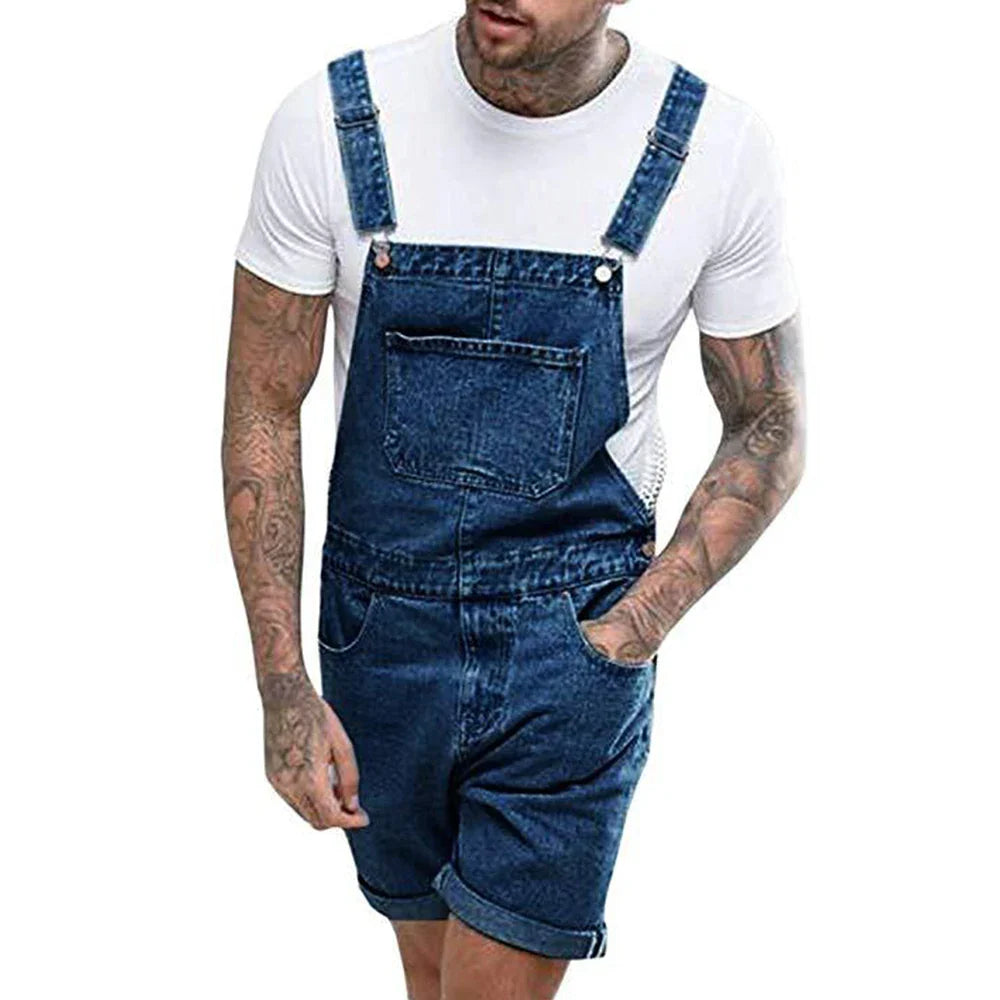 maoxiangshop Men's Vintage Jeans Overalls Solid Color Elastic Denim Jumpsuit With Pockets Men Summer New Casual Button Suspenders Short Pants