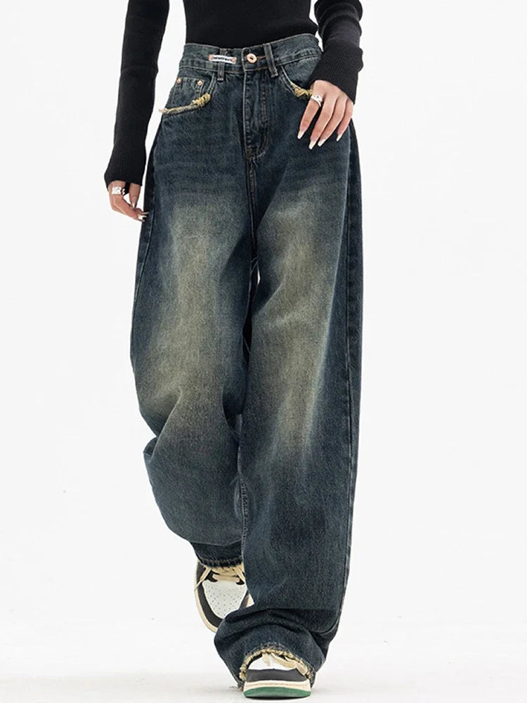 maoxiangshopY2K Women Vintage Streetwear Korean Baggy Blue Jeans High Waist Straight Wide Leg Pants Denim Trousers Fairy Grunge Alt Clothes
