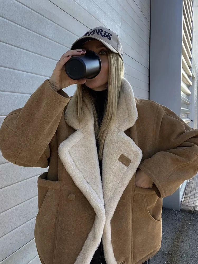 maoxiangshop - Fashion Oversize Loose Lamb Jacket For Women 2024 Winter Long Sleeve Button Fleece Coats Female Hip Hop Street Fluffy Outerwear