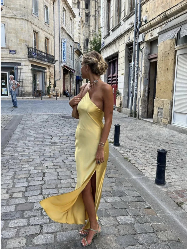 maoxiangshop-Sexy Satin Backless Beach Sundress Women Summer Halter Sleeveless High Split Long Maxi Dress Party Holiday Vestidos Robe