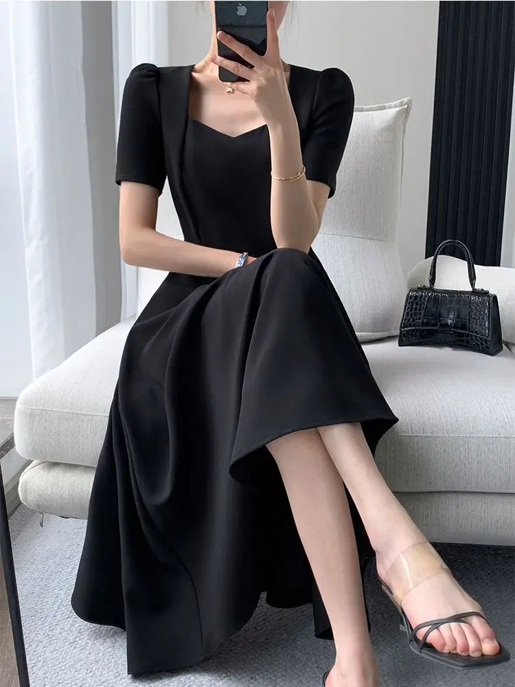 Women Summer New Elegant Midi Black Dress Solid A Line Femme Fashion Office Lady Clothing Vestidos
