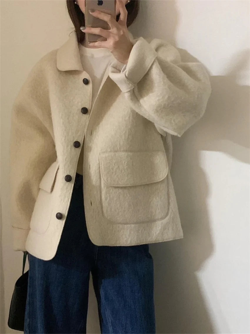 maoxiangshop - Chic Solid Woolen Jackets Loose Women New Warm 2025 Vintage Slim Winter Streetwear Elegant Fashion Daily Coats