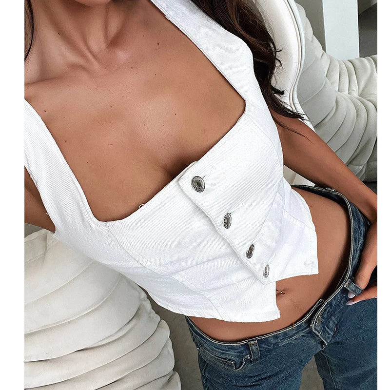 maoxiangshop Women Fashion y2k Denim Vest Sleeveless Boat Neck Button Down Crop Jean Tank Top Slim Backless Smocking Aesthetic Vest