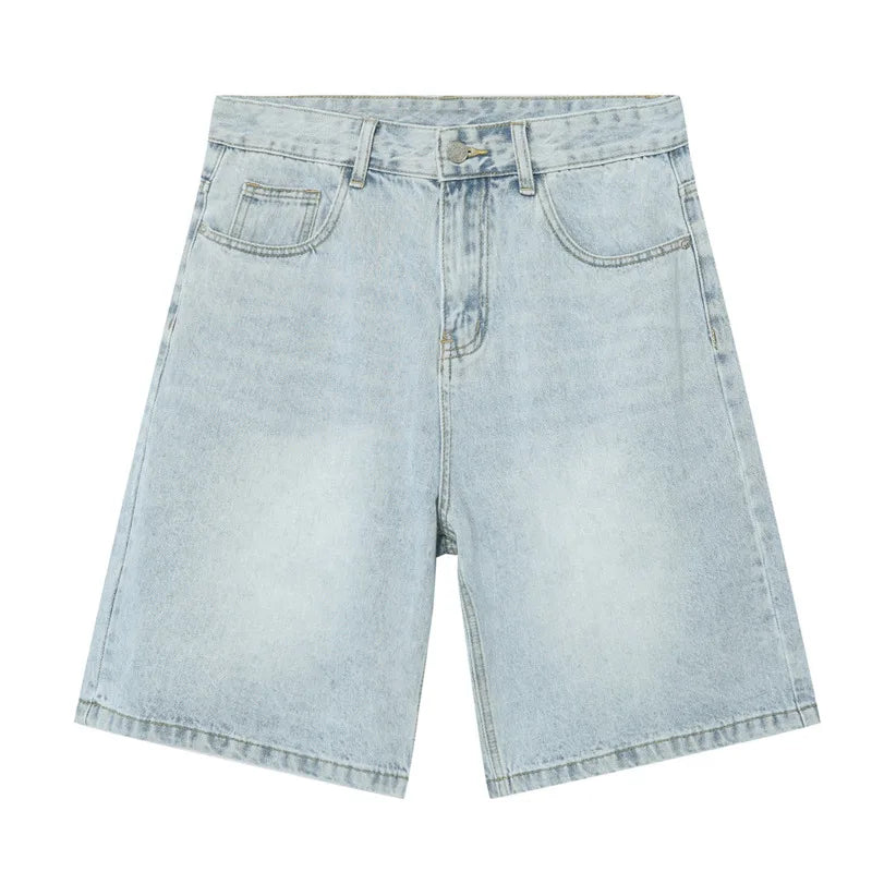 maoxiangshop Summer Denim Shorts Men's Loose Korean Style Retro Short Jeans Fashion Washed Casual Knee Length Pant New Streetwear