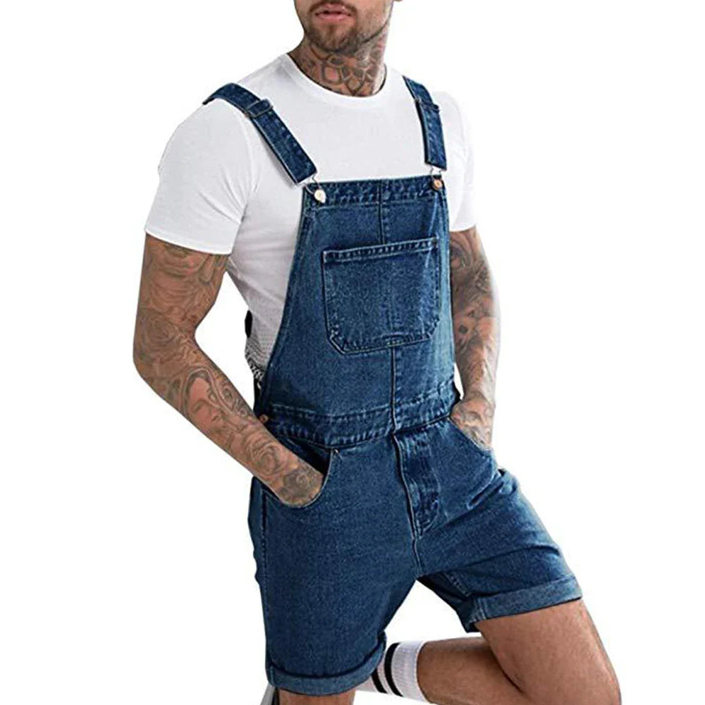 maoxiangshop Men's Vintage Jeans Overalls Solid Color Elastic Denim Jumpsuit With Pockets Men Summer New Casual Button Suspenders Short Pants
