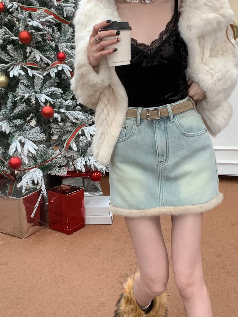 maoxiangshop - Spring and Autumn Hairy Splicing Denim Skirt Spicy Girl New Fashion Punk Style Plush High Waist Slimming Short Skirts for Women