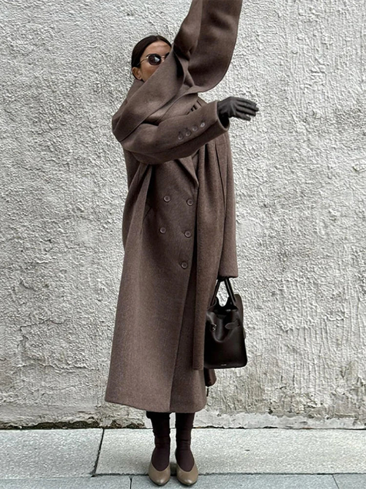 maoxiangshop - Brown Woolen Women Coats With Scarf Loose Full Sleeve Double Breasted Long Overcoat 2024 Autumn Lady High Street Outwear