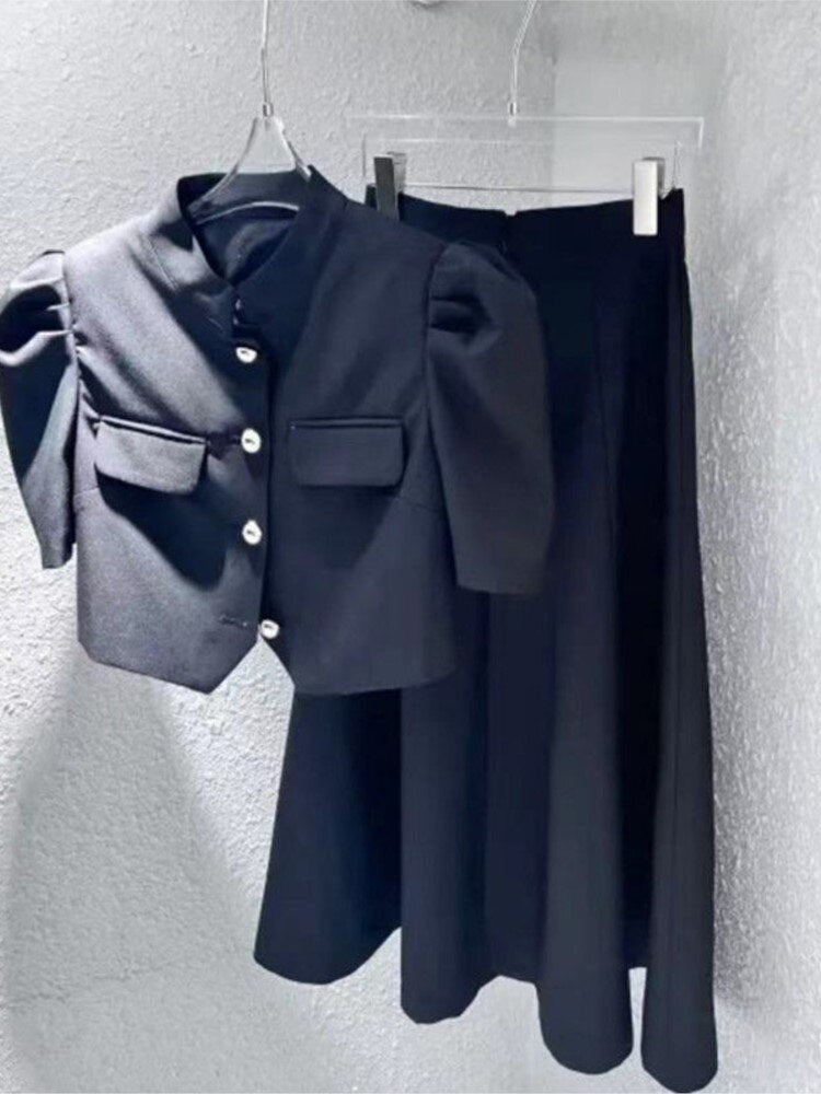 maoxiangshop High Quality New Summer Fashion Korean Sweet Elegant 2 Piece Set Women Crop Top Shirt Blouse Midi Skirt Suits Two Piece Outfits