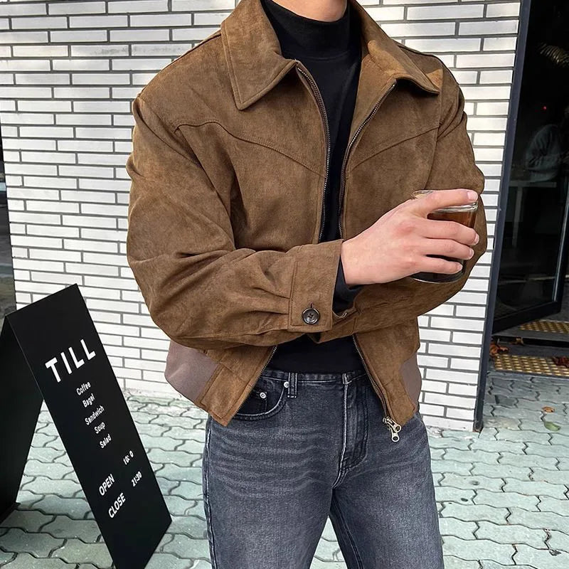 maoxiangshop Vintage Jacket Man Casual Loose Zipper Fashion Retro Short Coat Men Spring High Quality Solid Turndown Collar Street Outwears