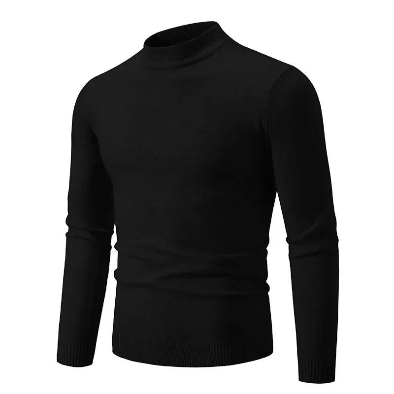 maoxiangshop Autumn New Sweater Men's Half High Neck Basic Solid Color Casual Versatile Round Neck Knit with Slim Fit Elastic Sweater Inside