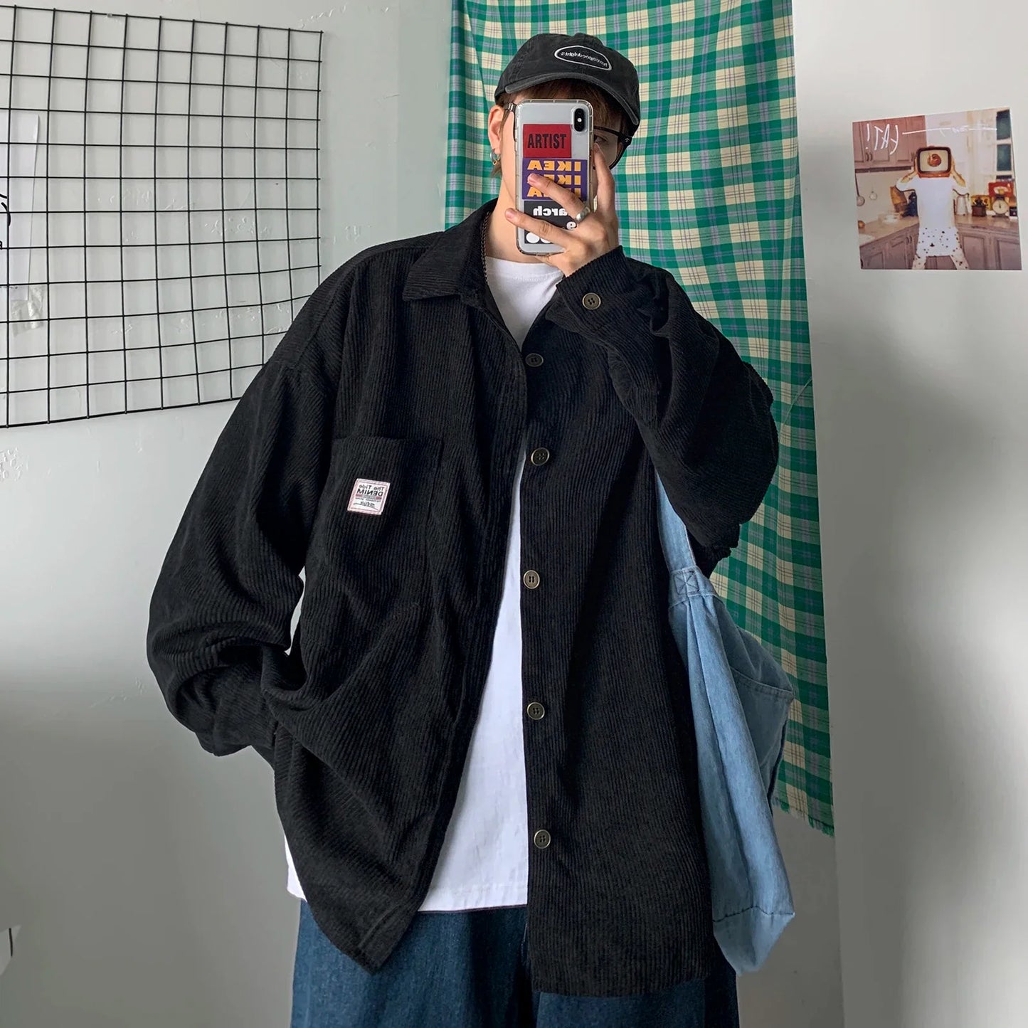 maoxiangshop Men Corduroy Shirts Harajuku Korean Loose Style Long Sleeve Vintage Streetwear Overshirt M-3XL