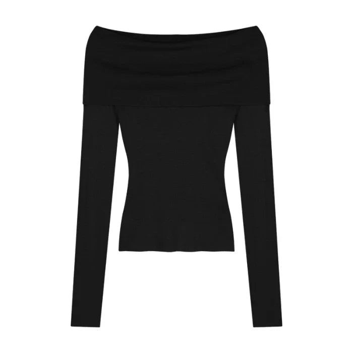 maoxiangshopBlack Solid Off Shoulder Elegant Long Sleeve Tops Korean Fashion Slim Sexy Cropped T Shirt Women Autumn Y2k Clothing Skinny Top