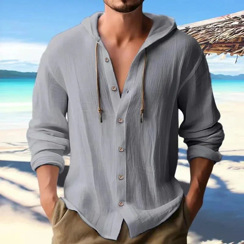 maoxiangshop Summer Men's Linen Shirt Solid Streetwear Long Sleeve Hoodie Cardigan Clothing For Men Button Tops Casual Loose Men Hooded Shirt