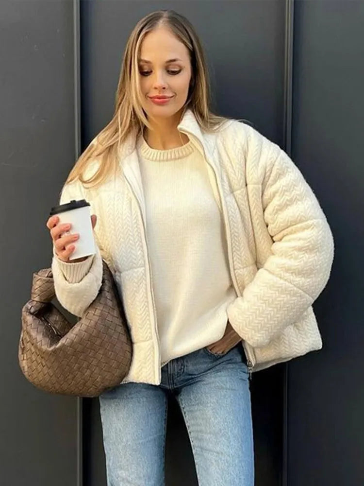 maoxiangshop - Knitting Cotton Print Down Short Jackets Women Thickening Solid Zipper Stand Collar Jacket Female Winter Chic Windproof Outwear