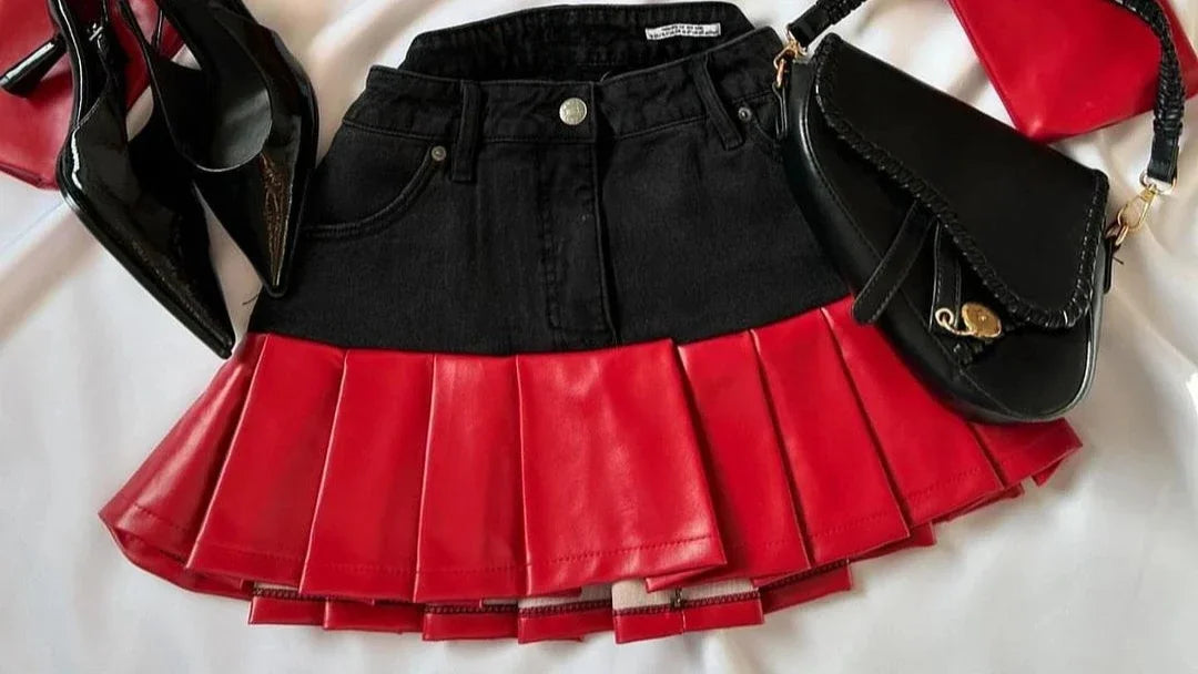 maoxiangshop - Y2K Gothic Fashion Skirts Womens Two Piece Leather Patchwork Denim Patchwork women Clothes Zipper Mini Denim Slim Fit Mini Skirt