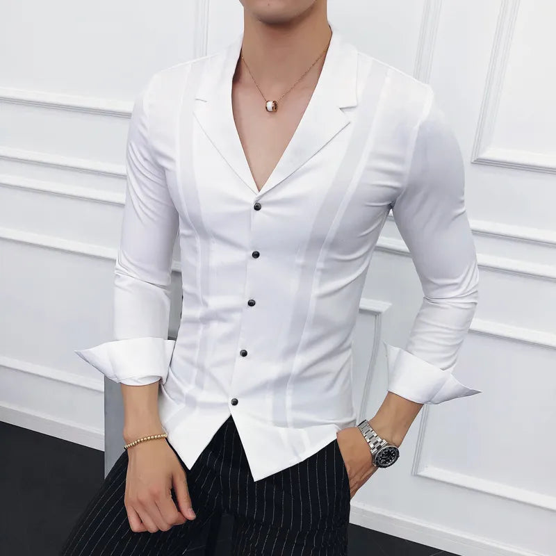 maoxiangshop Men Clothing High Quality Spring Long-Sleeved Shirts/Male V-neck Slim Fit Casual Business Dress Shirts Plus Size S-4XL