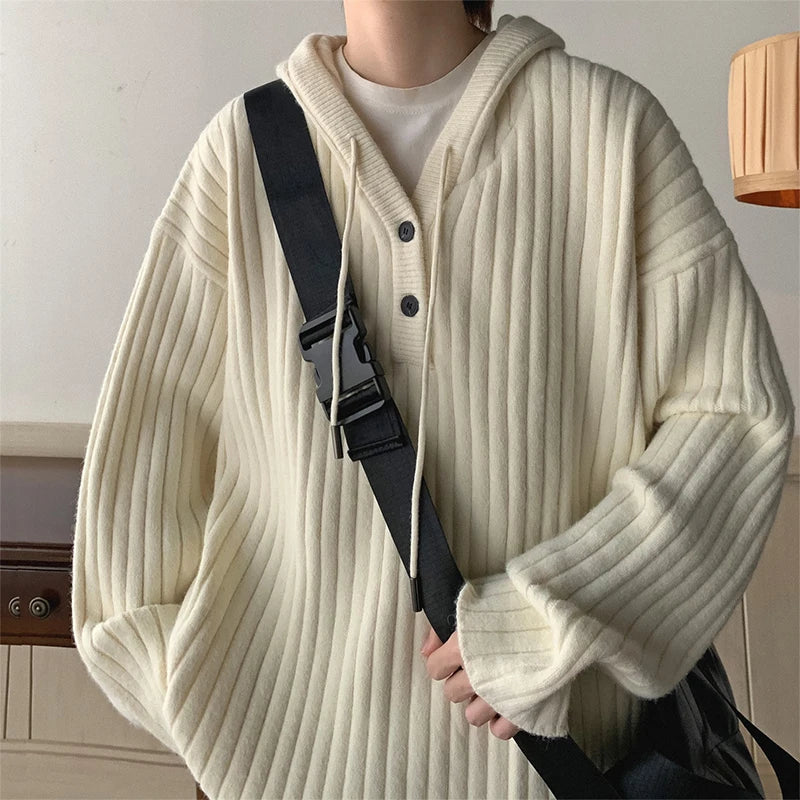 maoxiangshop Winter Clothing Men's Luxury Knitted Hooded Pullover Sweater Casual Streetwear Button-down Solid Color Long Sleeve Hoodie
