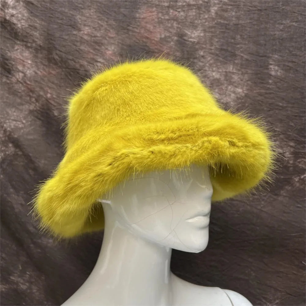maoxiangshop - Luxury Ins Hot Y2k Girls Faux Fox Fur Bucket Hat Women Winter Warm Rabbit Fur Plush Fisherman Hat Cap Festival Party Ski Panama